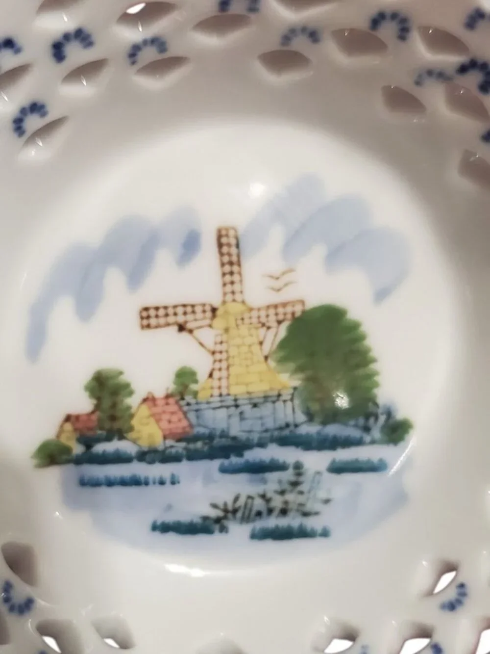 D.N&E.L Hand-Vtg Porcelain Basket W/Windmill Scene & Dual Handles Blue & White